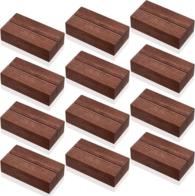 12 Pieces Wood Place Card Holders Wood Sign Table Number Stands Name Card Holder for Wedding Party Events Decoration(3 x 1.6 x 0.8 Inch,Walnut Color)