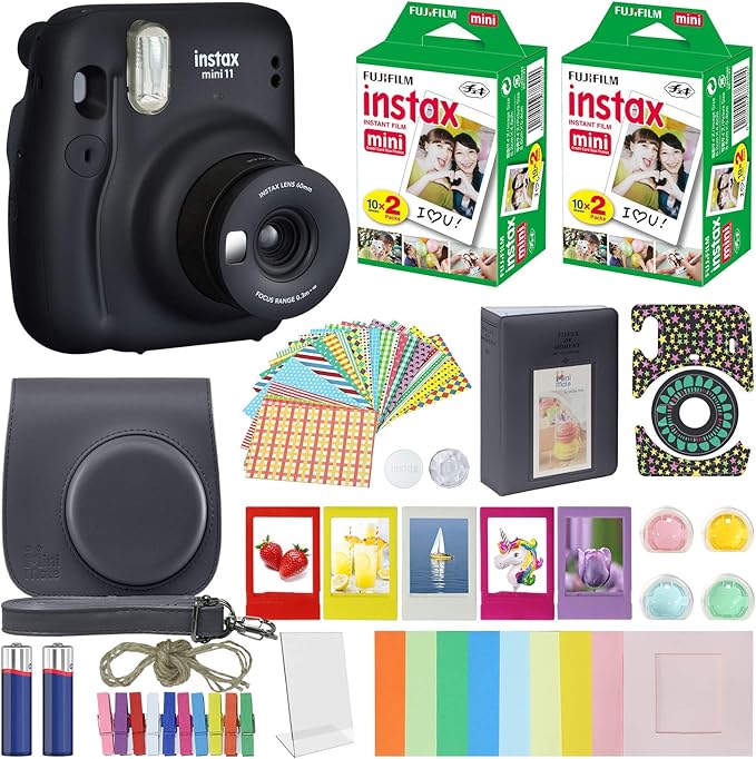 Fujifilm Instax Mini 11 Instant Camera Charcoal Gray + MiniMate Accessories Bundle + Fuji Instax Film Value Pack (40 Sheets) Accessories Bundle, Color Filters , Album, Frames
