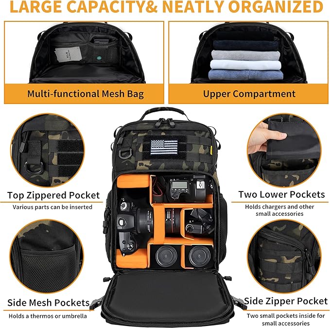 TORIBIO Camera Backpack for DSLR/SLR/Mirrorless Photography Camera, Water-resistant Tactical Camera Travel Bag Backpack Case with 15.6" Laptop Compartment, Tripod Holder