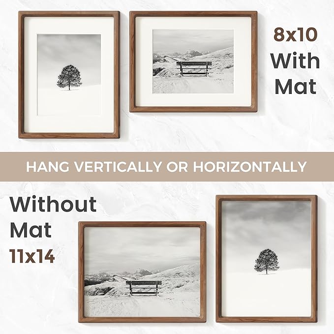 11x14 Picture Frame, USA-Sourced Natural Walnut Wood Photo Frame with Tempered Glass, Handcrafted Rounded Corner 11 x 14 Wooden Frame Matted to 8x10 Photos, Wall or Tabletop Display