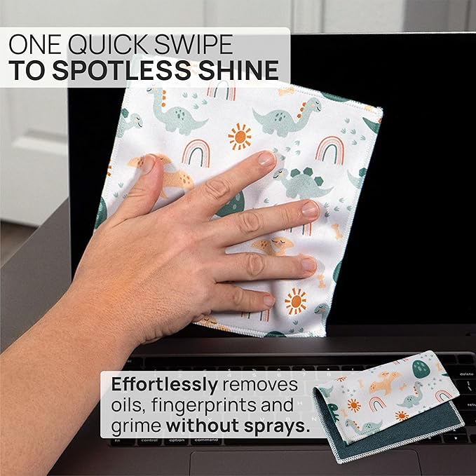 Quick Cloth Microfiber Glasses Cleaning Cloths – 8x8, Dinosaurs, 1 Pack with Case | Double-Sided Lens Cleaner for Eyeglasses, Camera, Screens & Glass | Reusable Microfiber Glass Polishing Cloths