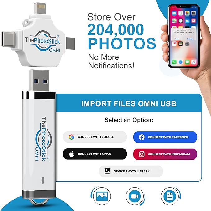 ThePhotoStick® Omni 32GB Memory Stick & USB Flash Drive – Photo & Video Backup for iPhone, Android, Mac & PC – Multiport Connection to Easily Store & Transfer Files