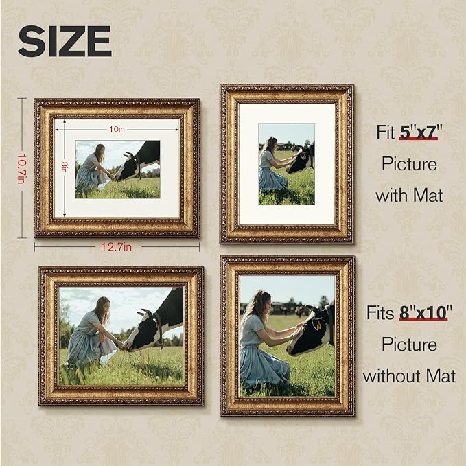 8x10 Gold Picture Frame, 2 Pack Ornate Vintage Picture Frames for Wall or Tabletop Display, 8x 10 Photo Frame Gold with Real Glass, Display Poster 5x7 with Mat or 8x10 without Mat for Antique Déco