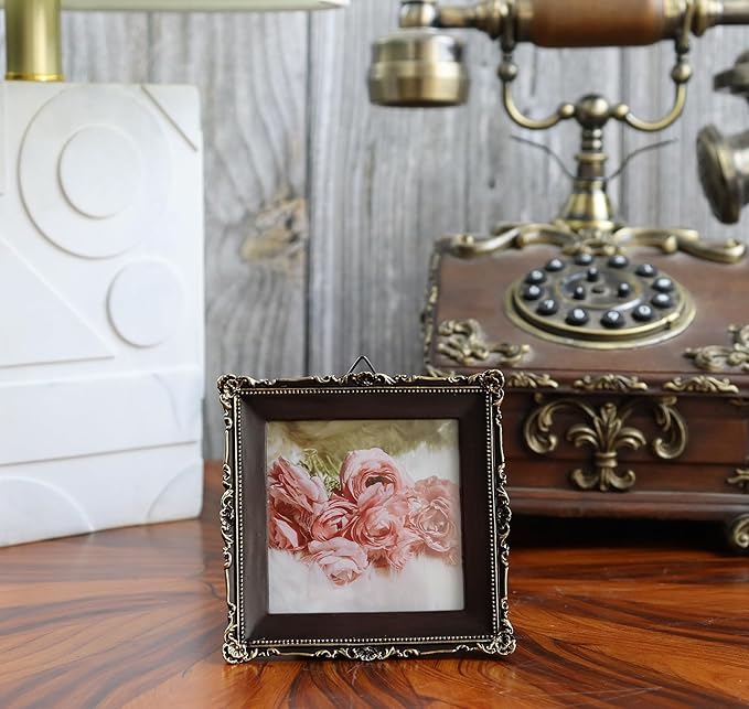 Hymmah 3 * 3inch Mini Wallet Picture Frame Vintage Photo Frame Ornate Textured Hand-Crafted Resin Frame with Easel&Hook for Tabletop&Wall Display,Photo Gallery,Art