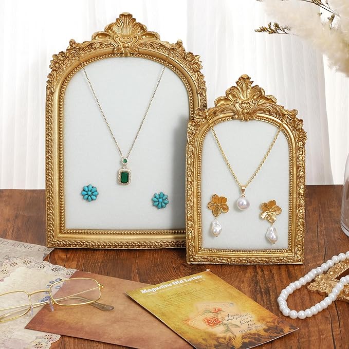 2 Pieces Elegant Gold Jewelry Display Stand Vintage Necklace Display Stand Earring Tray Resin Jewelry Photography Props Frame with Velvet Backing for Gifts(Large, Small)
