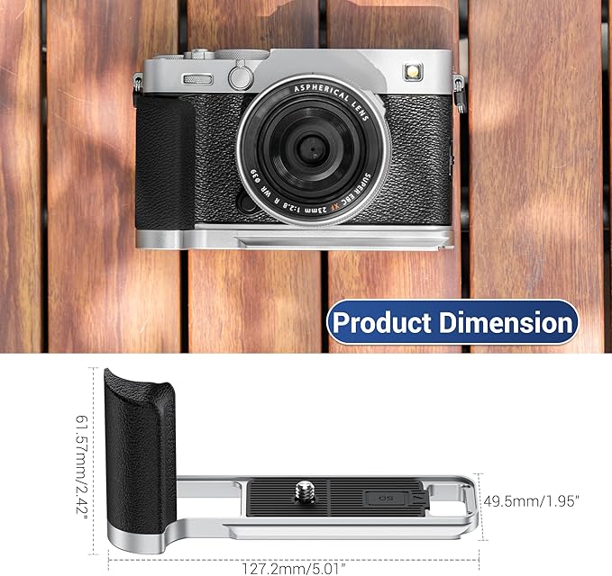 JJC Metal Hand Grip L-Bracket & Shutter Button for Fuji Fujifilm X-E5 XE5 Camera, Silicone Handgrip, Anti-Slip Pads with SD Card Holder, Arca Swiss Quick Release Plate & 1/4"-20 Tripod Hole, Silver
