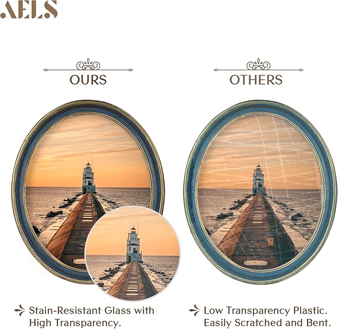 AELS 8x10 Inch Vintage Picture Frame, Elegant Antique Photo Frames with Glass Front, Photo Display, Tabletop Wall Hanging, Gift Ideas, Blue Oval with Gold Trim