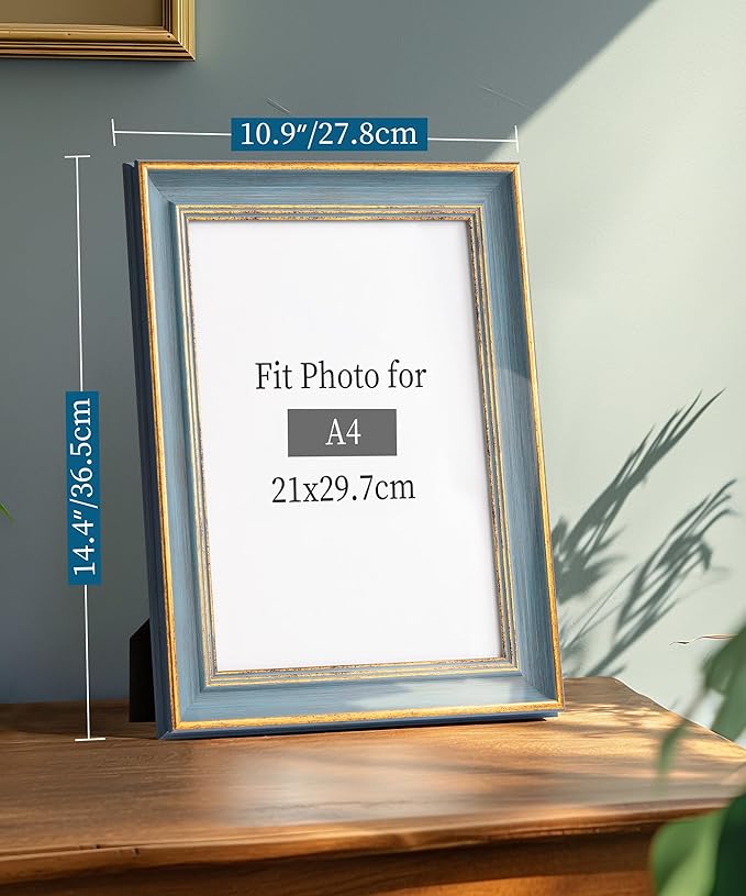Afuly A4 Picture Frame Blue Gold Vintage Elegant Retro Antique Distressed Unique Wall Hang Desktop Photo Display Home Decor Anniversaries Birthday Gifts for Women Mom Grandma Parents