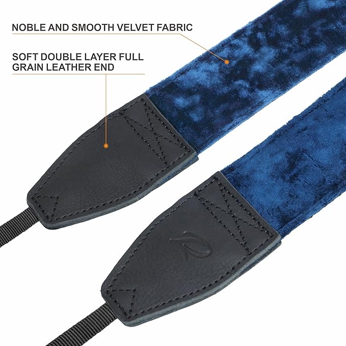 Padwa Lifestyle Dark Navy Blue Velvet Camera Strap - 2" Double Layer Full Grain Cowhide Leather Head Camera Straps for Photographers,Unique Soft Velvet Fabric with Quick Release fits all Cameras