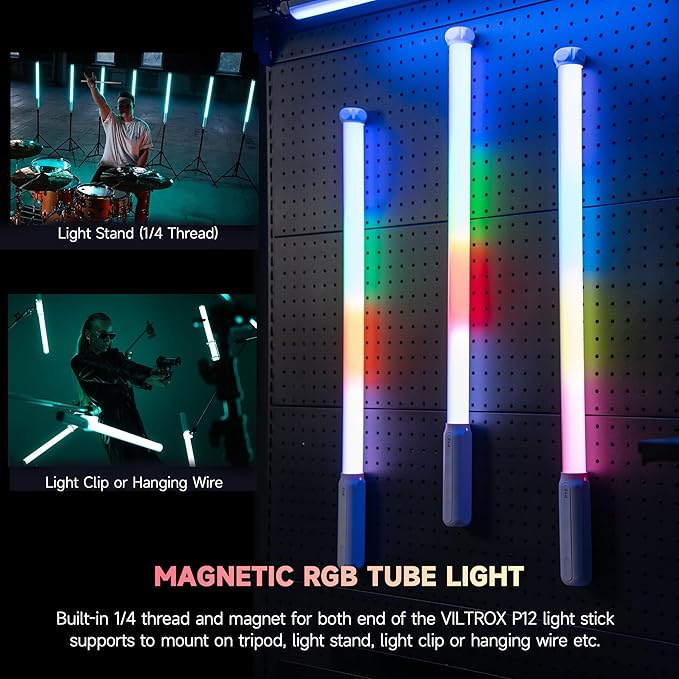 VILTROX P12 2 Pack RGB Tube Light, Full Color RGBWY Handheld LED Stick Light Wand with DMX App Control, 11 Pixel Effects 26 Scenes, Built-in Magnet, 2500-8500K, 2500mAh Battery, PD Fast Charging