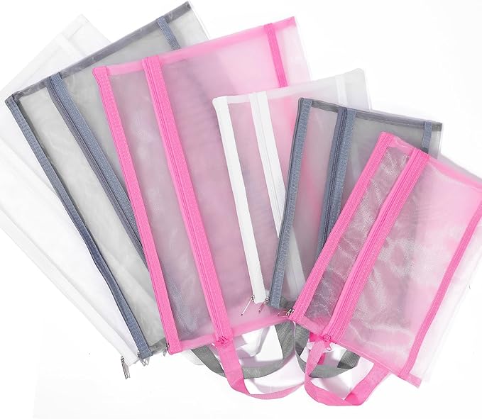Fassave 6 Pack Mesh Zipper Pouch Bags, Double Layer Nylon Pouch with Handle for Office Travel Organization (Coffee, A4)