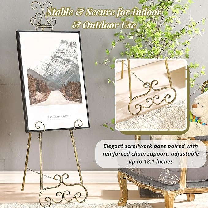 57”H Metal Easel Stand for Sign Rustic, Upgrade Large Free Standing Adjustable Display Scroll Easel Stand, Heavy Duty for Mirror Pictures Wedding Holder Showcasing with Chain Support