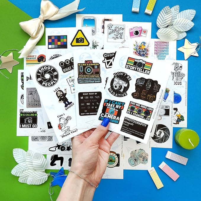 BulbaCraft 100Pcs Photography Stickers, Camera Stickers for Water Bottles, Laptop, Scrapbooking, Planners — Photographer Gifts Women, Camera Gifts for Photographers Women & Men