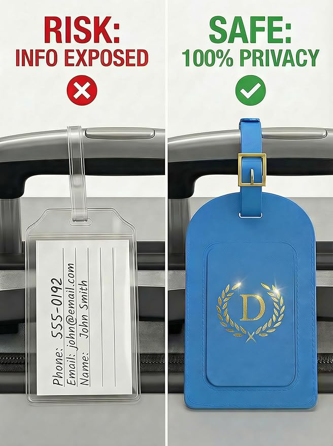 Luggage Tags for Suitcases 6 Pack PU Leather Travel Bag Tags with Privacy Cover & Stainless Steel Buckle, Vegan Leather Name ID Labels for Travel Bags, Cruise, Airline, Backpack, Baggage Identifier(D)