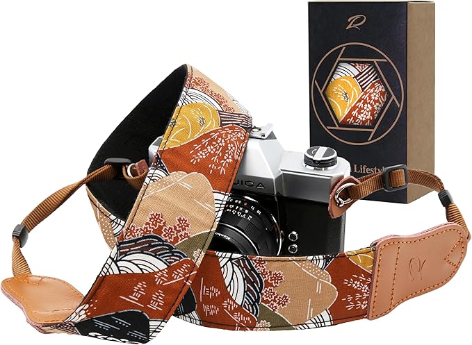 Padwa Lifestyle Japanese Art Style Brown Camera Strap - 2" Wide Double Layer Cowhide Head,Pure Cotton Camera Shoulder Straps,Adjustable Camera Neck Strap for All DSLR Cameras, Gifts for Photographers