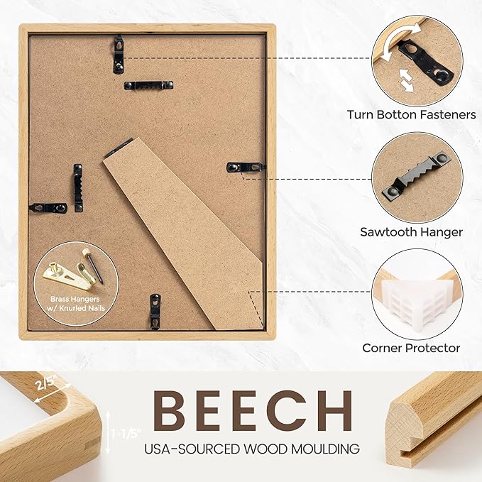 4x6 Picture Frame, USA-Sourced Natural Beech Wood Photo Frame with Tempered Glass, Handcrafted Rounded Corner 4 x 6 Wooden Frame Matted to 3.5x5 Photos, Wall or Tabletop Display