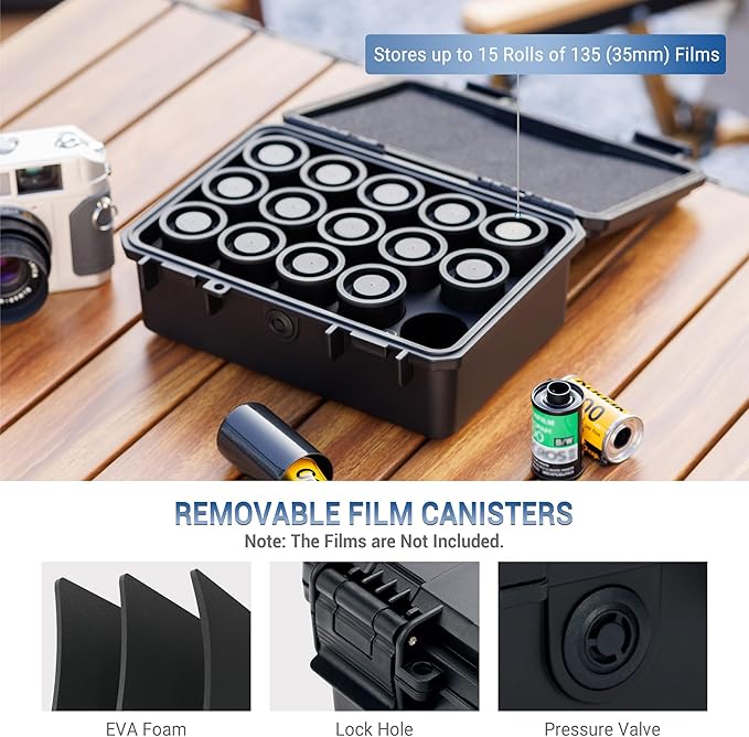 JJC Heavy Duty 35mm Film Case for 15 Rolls of 35mm Films, IP67 Waterproof and Light-Sealed 135 Film Container with Free Canister (No Film Rolls Included)