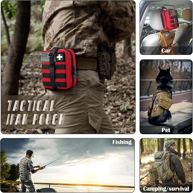 Molle Pouch ifak First aid kit Bag Empty Trauma Medical Tear away Pouches for Belt Backpack Vest Car Molly Med Case 600D nylon Small Tactical Pouch (RED)