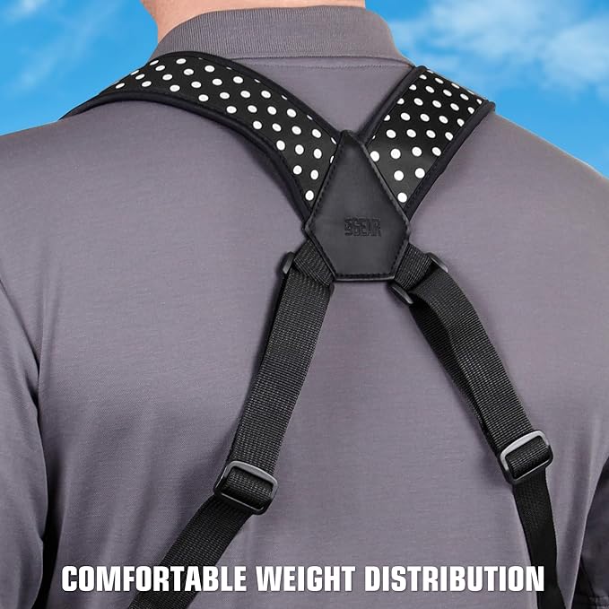 USA Gear DSLR Camera Strap Chest Harness with Quick Release Buckles, Polka Dot Neoprene Pattern and Accessory Pockets - Compatible with Canon, Nikon, Sony Point and Shoot and Mirrorless Cameras