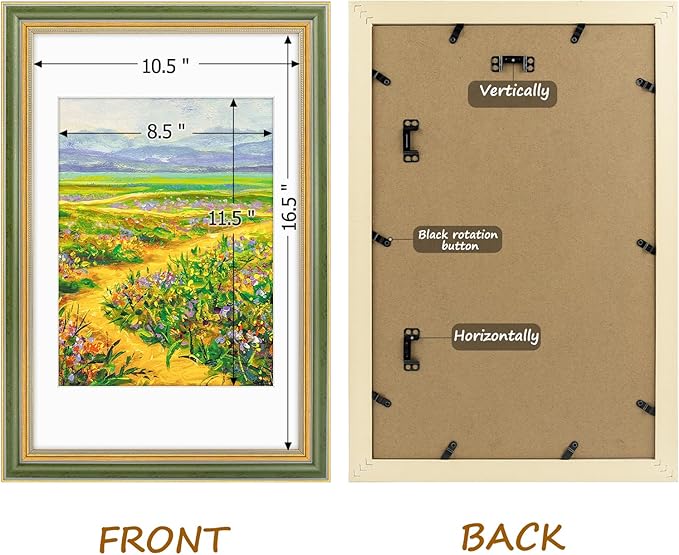 Golden State Art,11x17 Ornate Picture Frame for 9x12 Photo With Mat or 11 x 17 Prints Without Mat, Real Glass Wall Display Horizontally or Vertically (Color:Green Gold)