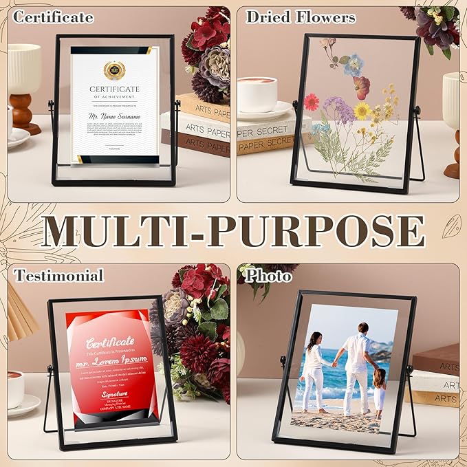 Hoteam 12 Pack 5 x 7 Inch Floating Frame Glass Photo Frame Collection Vintage Metal Minimal Ornate Easel for Pictures Photos Desk Tabletop Display (Black)