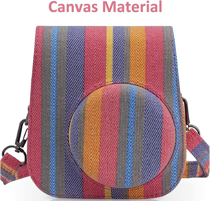 Frankmate Canvas Camera Case Compatible with Fujifilm Instax Mini 11 12 Instant Camera with Adjustable Strap and Pocket (Color Stripes)