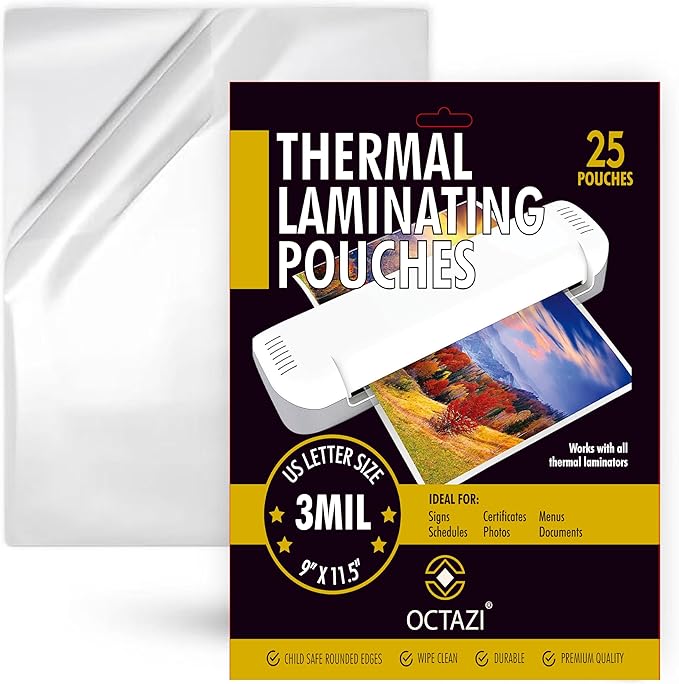Thermal Laminating Sheets 3 Mil – Holds 8.5 x 11 Inch Documents, 9 x 11.5 Inch, 25-Lamination Pouches with Round Corners, Clear Glossy Thermal Laminating Paper for Home & Office Laminators