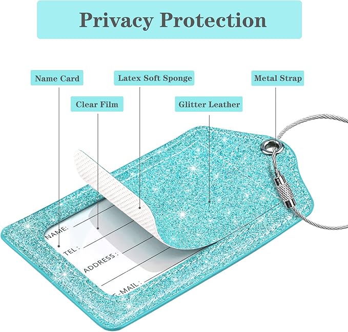 (Set of 2) Luggage Tag Leather Privacy Cover ID Label Address Card with Stainless Steel Loop, Travel Bag Tags Suitcase Labels, Blue Green Glitter