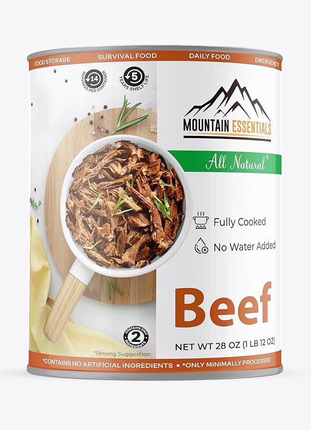 MOUNTAIN ESSENTIALS All Natural Canned Beef 28 Oz – Fully Cooked, Ready to Eat, Gluten Free – Canned Meat for Daily Use, Emergency, Survival & Camping – 5-Year Shelf Life – Made in USA – Pack of 6