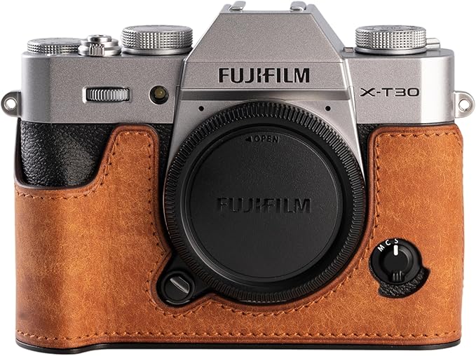 Handmade Genuine Leather Camera Half Case for FUJIFILM X-T30III /FUJIFILM X-T30III Camera Case/FUJIFILM X-T30III Case - Top Layer Cowhide Body + Metal Base Plate (Matte-Yellow-Brown)
