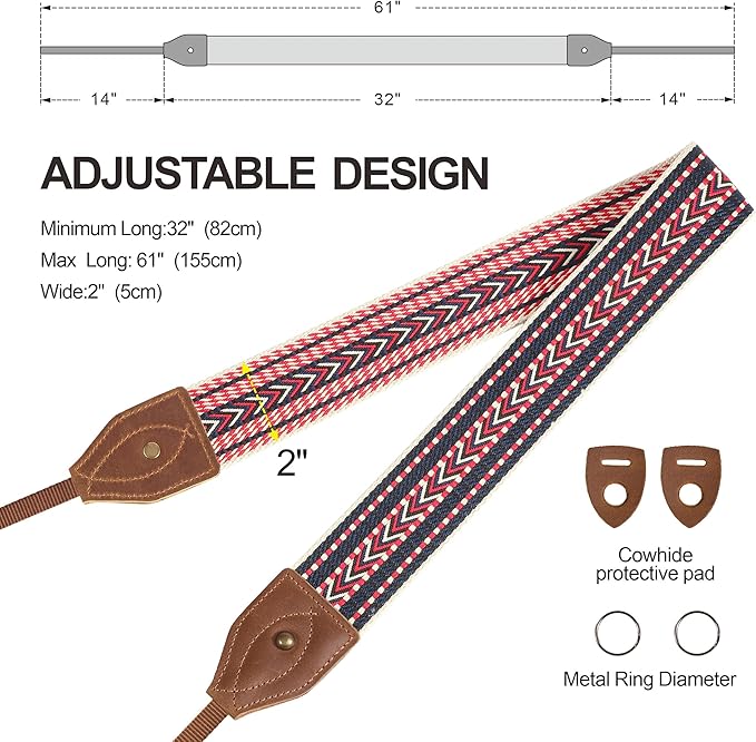 Padwa Lifestyle 2" Wide Classic Crazy Horse Art Cowhide Head Camera Strap - Jacquard Embroidery Floral Vintage Camera Straps for Photographers Gift, Adjustable Shoulder Neck Strap Fits DSLR Cameras