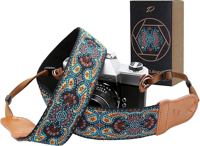 Padwa Lifestyle Mystic Blue Camera Strap - Double Layer Cowhide Ends,2" Pure Cotton Embroidered Woven Camera Straps,Universal Neck&Shoulder Strap Adjustable for All DSLR Cameras,Gift for Photographers
