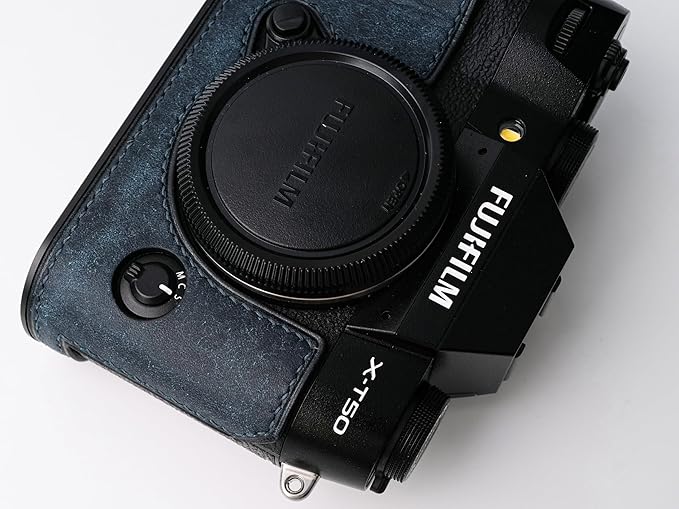 handmade Genuine Leather Camera Half Case for Fujifilm X-T50 - Top Layer Cowhide Body + Metal Base Plate - Hand Shank Free Design (Dark Blue)