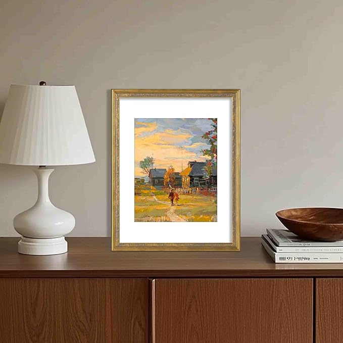 VIOLABBEY 11x14 Matte Gold Picture Frame, Display 8x10 Photo with Mat or 11x14 without Mat, Ornate Vintage 11 x 14 Matte Gold Frame for Wall Decor or Tabletop Display