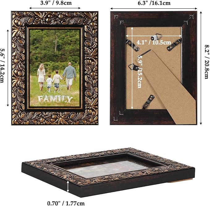 Edenseelake 4x6 Picture Frames Set of 2, Vintage Flower Relief Photo Frame 4 by 6 for Tabletop or Wall Display, Black-Gold