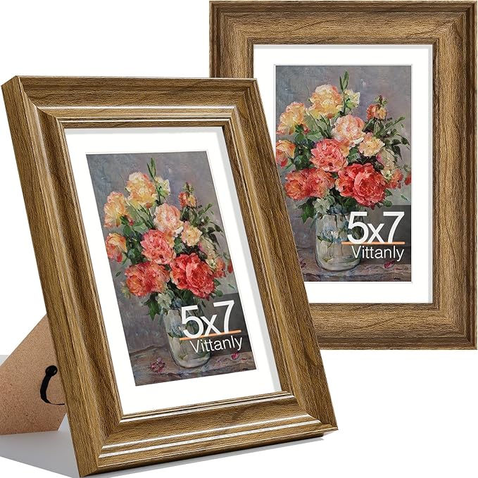 Vittanly 5x7 Picture Frames Set of 2, Ornate Vintage Photo Frame for Wall or Tabletop, Display 4x6 Pictures with Mat or 5x7 without Mat, Walnut