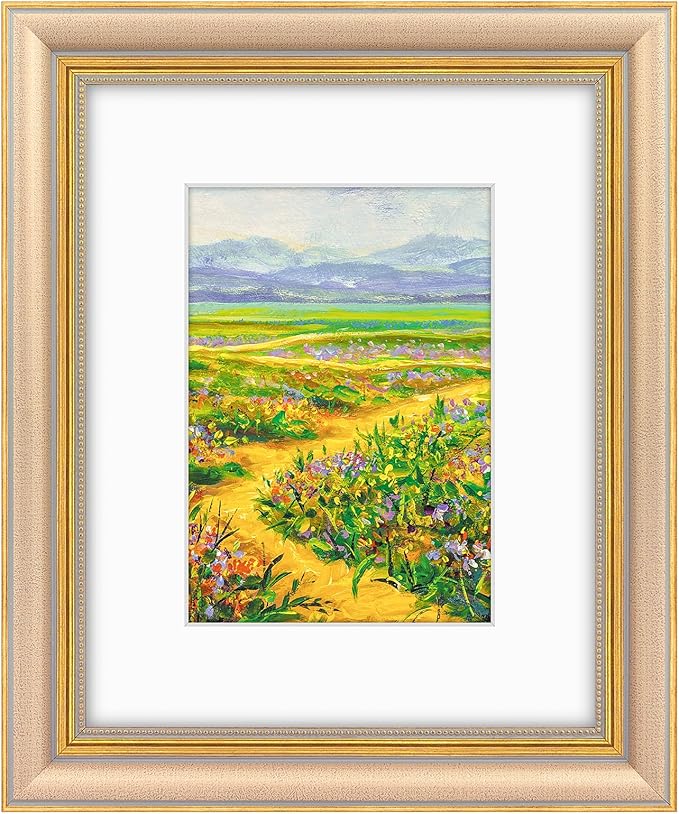 Golden State Art,8x10 Ornate Picture Frame for 5x7 Photo with Mat or 8 x 10 Prints Without Mat, Real Glass Wall & Tabletop Display Horizontally or Vertically (Color:Champagne Gold)