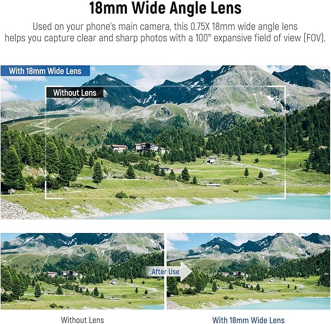 NEEWER 18mm Wide Angle Lens with 17mm Threaded Phone Camera Lens Clip, 100° FOV, 0.75X Magnification, 6 Elements in 5 Groups, Compatible with iPhone Android Samsung for Mobile Photography, LS-72
