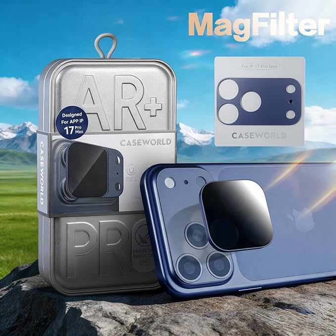 Caseworld MagFilter Phone Camera Lens Filter Kit for iPhone 17 Pro Max, 2-in-1 Black Mist, Soften Highlights, Minimize Digital Texture, Reduce Reflections, Optimal Glass (17Pro Max, BM Blue)