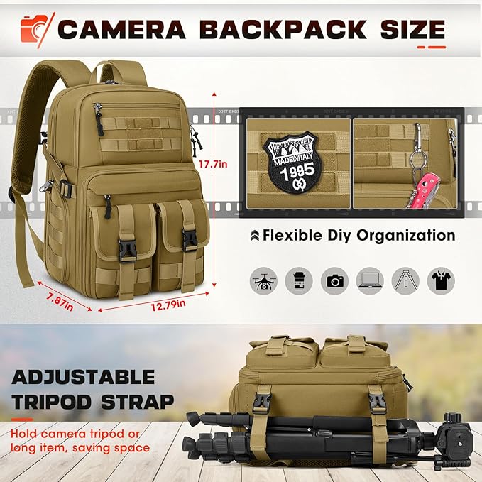 RAINSMORE Camera Bag Backpack for DSLR/SLR/Mirrorless Camera Bags for Photographers 15.6 Inch Waterproof Tactical Photography Backpack Case with Rain Cover & Tripod Holder, Khaki