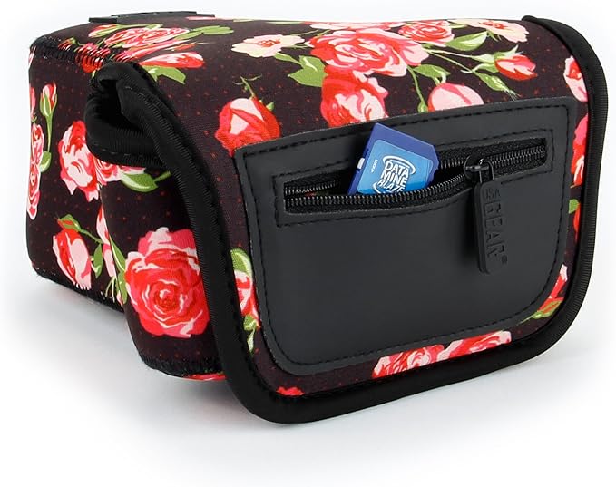 USA Gear Camera Sleeve (Medium) for Compact SLRs Compatible with Canon EOS R100 Nikon Z30 Sony ZV-E10, and more - Padded Neoprene DSLR Case with Zipper Accessory Pocket & Belt Loop (Floral)