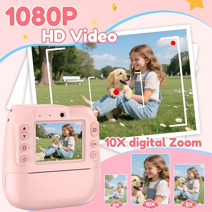 Kids Camera Instant Print, Kids Instant Camera with 1080P Videos, Christmas Birthday Gifts for Girls Boys Age 3-12, Portable Toddler Travel Digital Print Toy for 3 4 5 6 7 8 9 10 11 12 Year Old, Pink