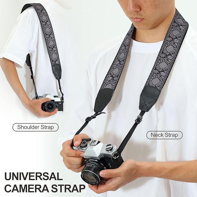 Padwa Lifestyle Camera Strap - 2" Retro Jacquard Embroidery Flower Camera Straps for Photographers,Adjustable Wide Camera Neck/Shoulder Strap with Genuine Leather Head for All DSLR/SLR Digital Cameras