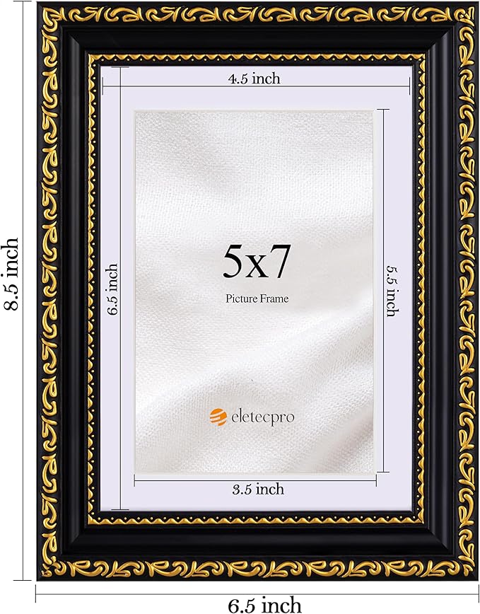 eletecpro 5x7 Picture Frames Set of 4, Gothic Frames with Glass Cover, 5 x 7 Vintage Photo Frame Displays 4x6 Photo with Mat or 5x7 without Mat for Tabletop or Wall Decor, Black Gold