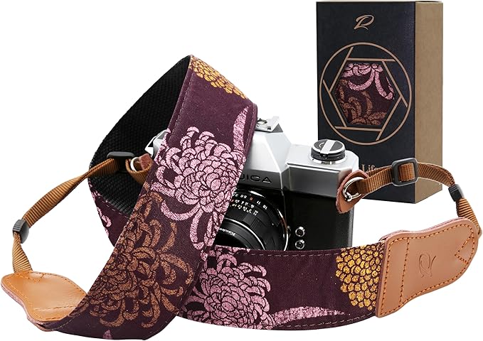 Padwa Lifestyle Camera Strap - 2" Cowhide Leather Head Cotton Camera Straps for Photographers,Vintage Print Purple Daisy Japanese Art Neck & Shoulder Adjustable Strap for DSLR SLR Mirrorless Cameras