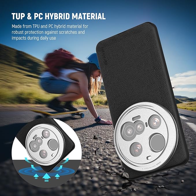 NEEWER 15 Ultra Case, Protective Phone Case Compatible with Xiaomi 15 Ultra, Heavy Duty TPU + PC Faux Leather with 17mm Lens Mounts & 67mm Filter Adapter for Wireless Charging, PA101 Black + Silver