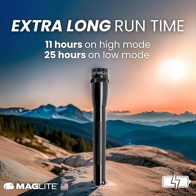 MagLite Mini LED Flashlight - Ultra Bright 127 Lumens, Adjustable Beam, Water-Resistant IPX4, Shock Resistant, 2 Power Modes, includes 2 AA Premium Alkaline Batteries - (Combo Pack, Black)