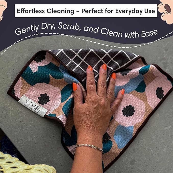 crae. Reversible Microfiber Washcloths 12x12 – Super Absorbent, Quick Drying Waffle Weave – Lint-Free, Scratch-Free Cleaning Cloths for Kitchen, Home, Cars & Windows (Lilly Plaid- Cream/Multi)