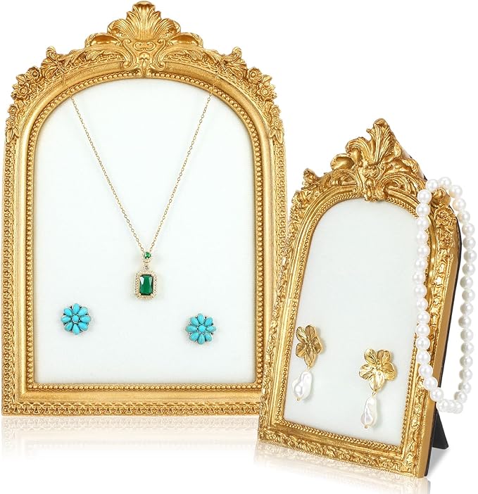 2 Pieces Elegant Gold Jewelry Display Stand Vintage Necklace Display Stand Earring Tray Resin Jewelry Photography Props Frame with Velvet Backing for Gifts(Large, Small)