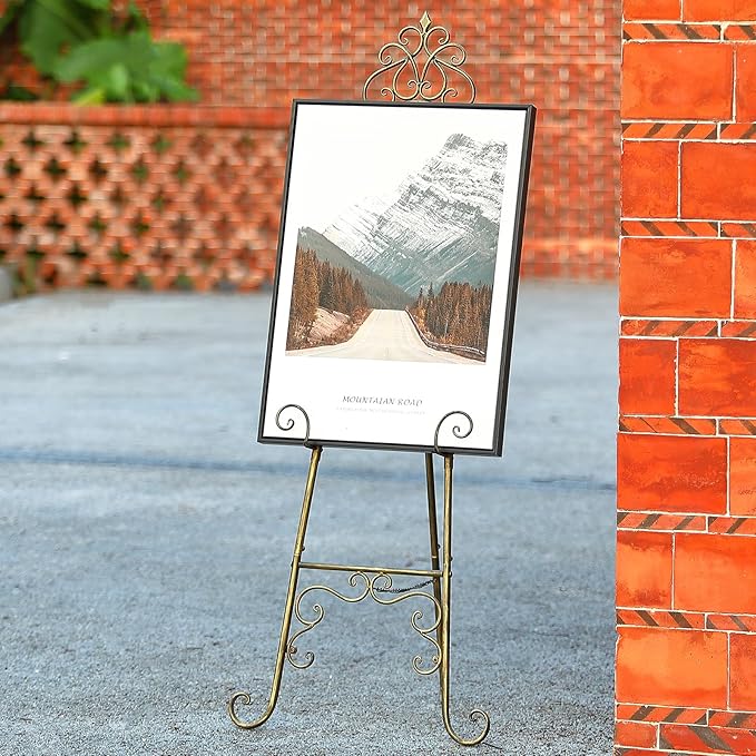 Vintage Metal Free Standing Adjustable Display Stand Easel with Chain Support, Extra Large Scroll Floor Standing Easel for Display Mirror Wedding Welcome Signs Picture Frame